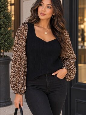 Bailey 44 XL Black Knit Top Leopard Print Balloon Sleeves